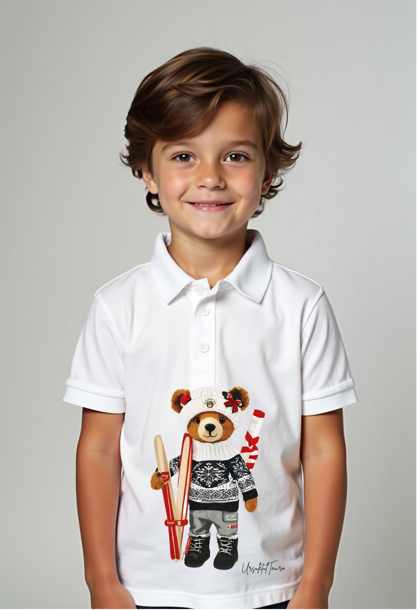 Tricou Polo Alb Ursuleț Ski – Design Unic, Confortabil și Versatil pentru Băieți 4-5 Ani