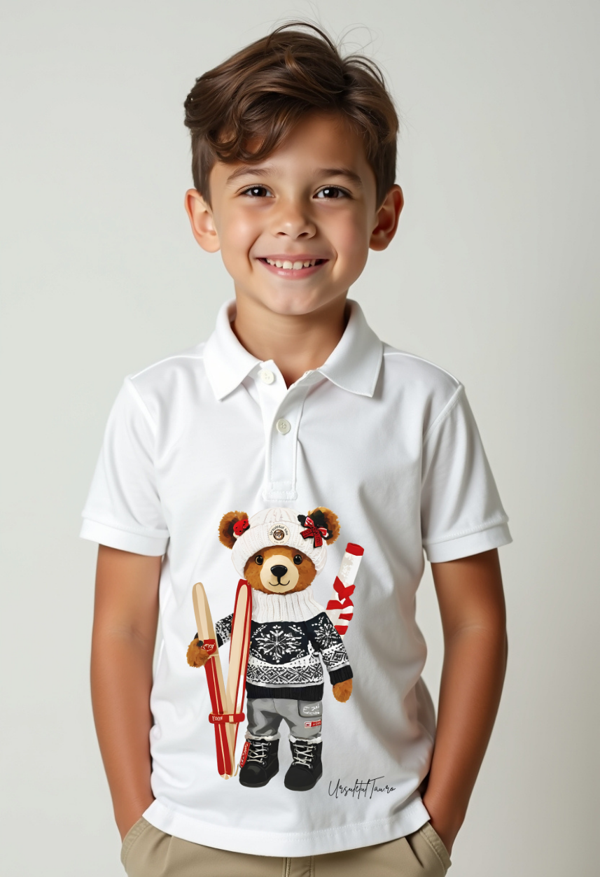Tricou Polo Alb Ursuleț Ski – Design Jucăuș, Material Premium și Confort pentru Copii 5-7 Ani