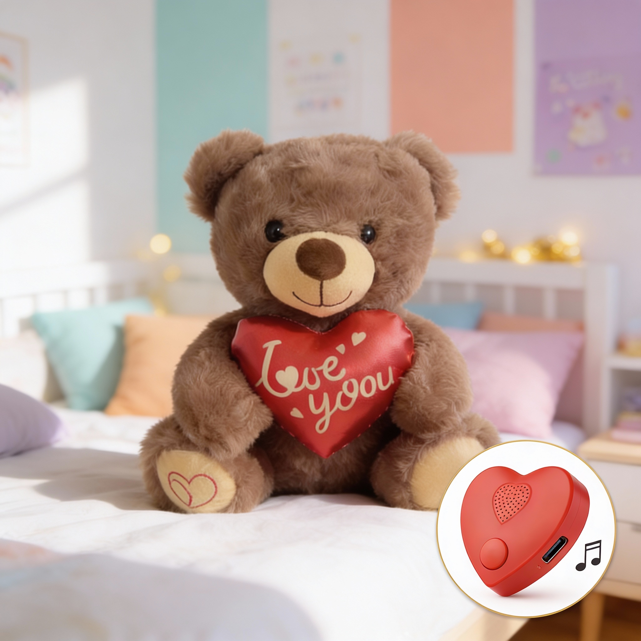 Ce-ar fi dacă un ursuleț ar putea spune exact ce simți tu? 💌 Ursuleț de 30 cm cu inimioară „Love You” + dispozitiv audio de înregistrare voce