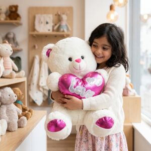 Copil cu ursulețul de pluș alb cu inimioară Love